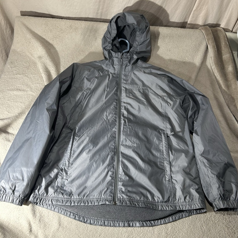 L.L. Bean Mens Grey Fleece Lined Full Zip Nylon Rain Jacket Windbreaker